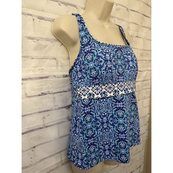 Lands End Tankini Swimsuit Top Size 10 Blue White Floral Stay Put Lined Modest - Picture 2 of 11